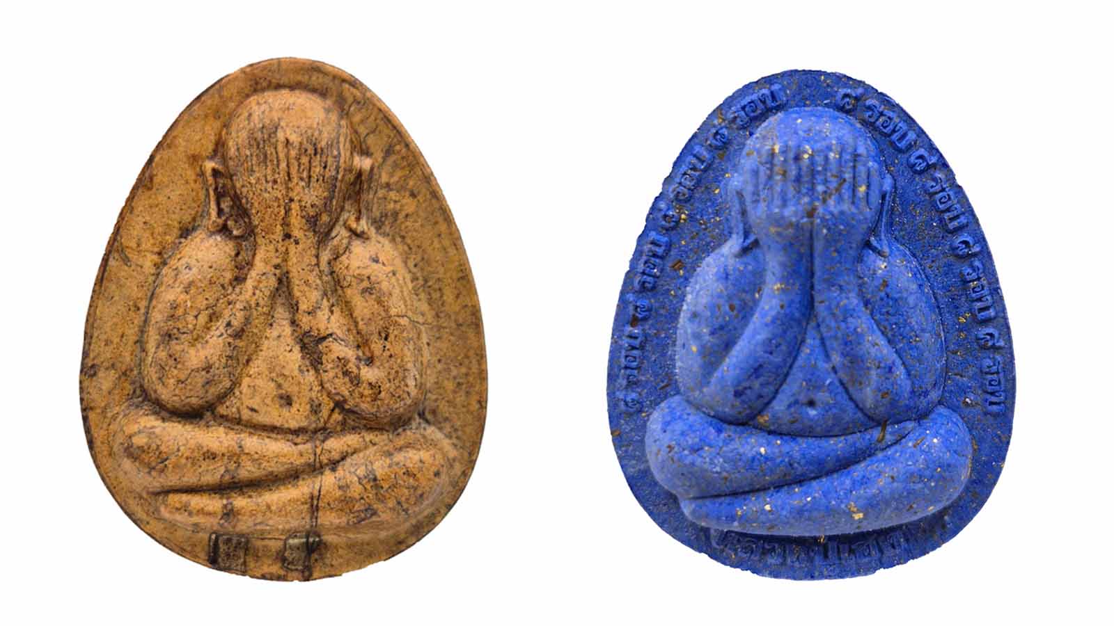 Side-by-side comparison of two Phra Pidta Jumbo 1 amulets from different periods, showing differences in surface wear and coloration.
