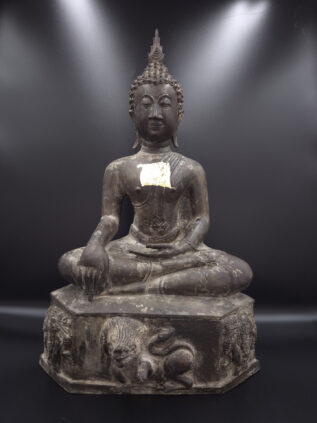 Thai Bronze Earth-Touching Buddha Statue with Elephant Base – 43 cm