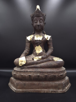 Thai Bronze Crowned Earth-Touching Buddha Statue with Applied Gold Leaf – 39 cm