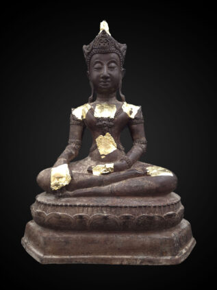 Khmer Bronze Crowned Earth-Touching Buddha Statue with Applied Gold Leaf – 39 cm