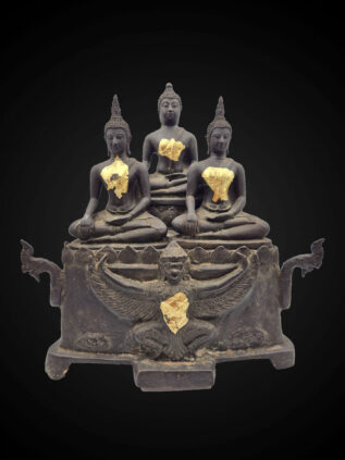 Thai Khmer Style Bronze Triple Seated Meditation Buddha with Garuda Base – 32 cm