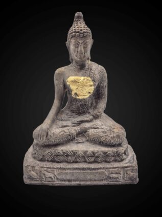 Thai Bronze Earth-Touching Buddha Statue with Floral Robe Details – 21 cm