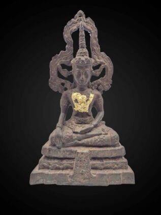 Thai Ayutthaya Style Bronze Crowned Buddha with Aureole – 27 cm