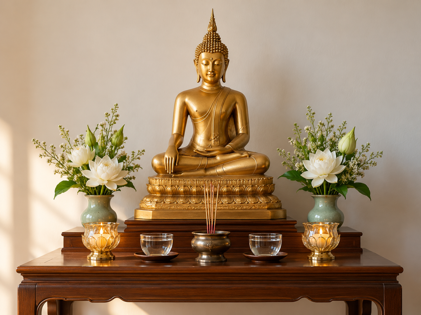 Golden Thai Buddha statue on a wooden Buddhist home altar with flowers, incense, candles and water offerings